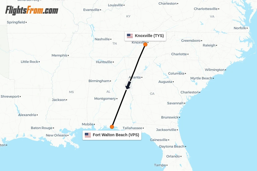 Flights from Knoxville to Fort Walton Beach route map