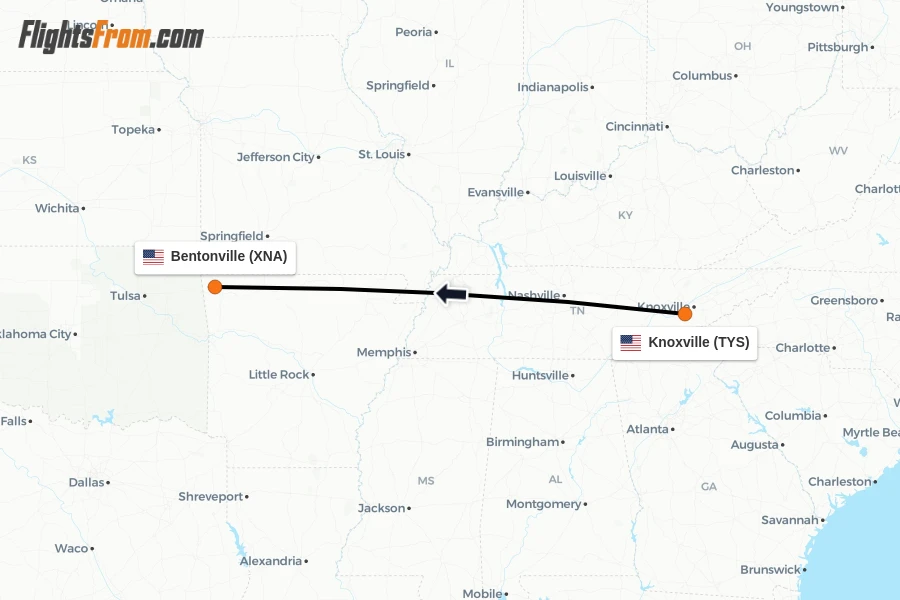 Flights from Knoxville to Bentonville route map