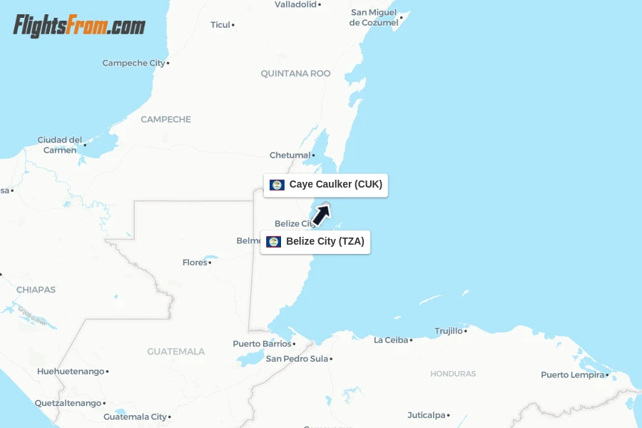 Flights from Belize City to Caye Caulker route map