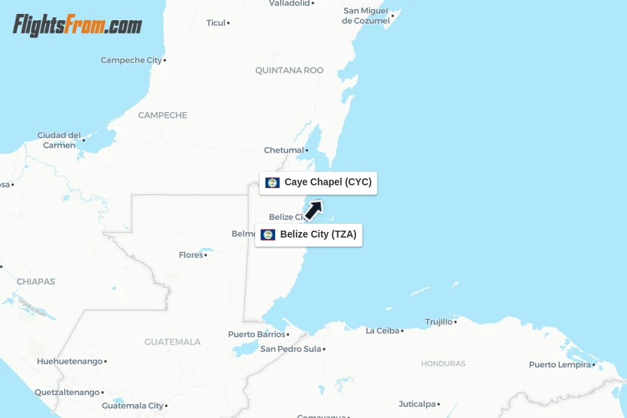 Flights from Belize City to Caye Chapel route map