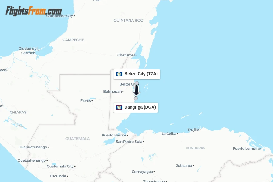 Flights from Belize City to Dangriga route map