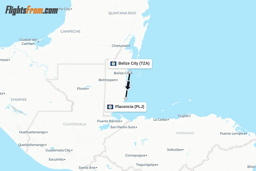 Flights from Belize City to Placencia route map