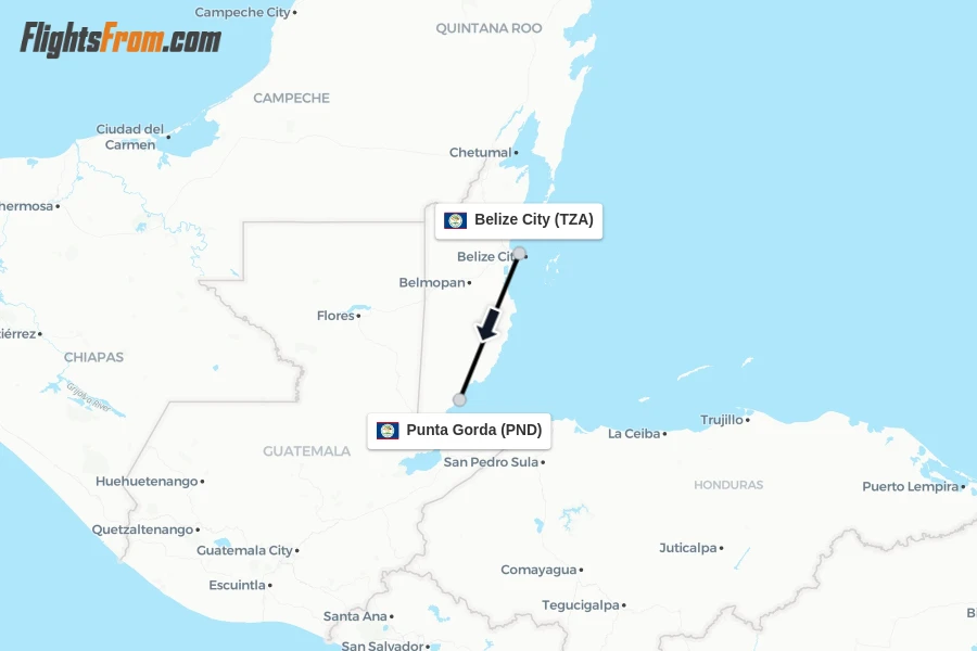 Flights from Belize City to Punta Gorda route map