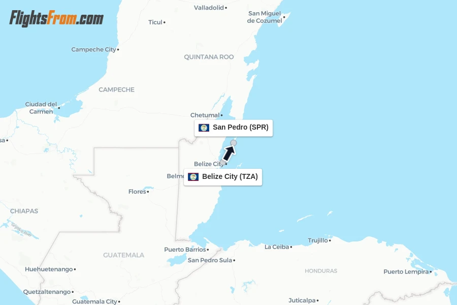 Flights from Belize City to San Pedro route map