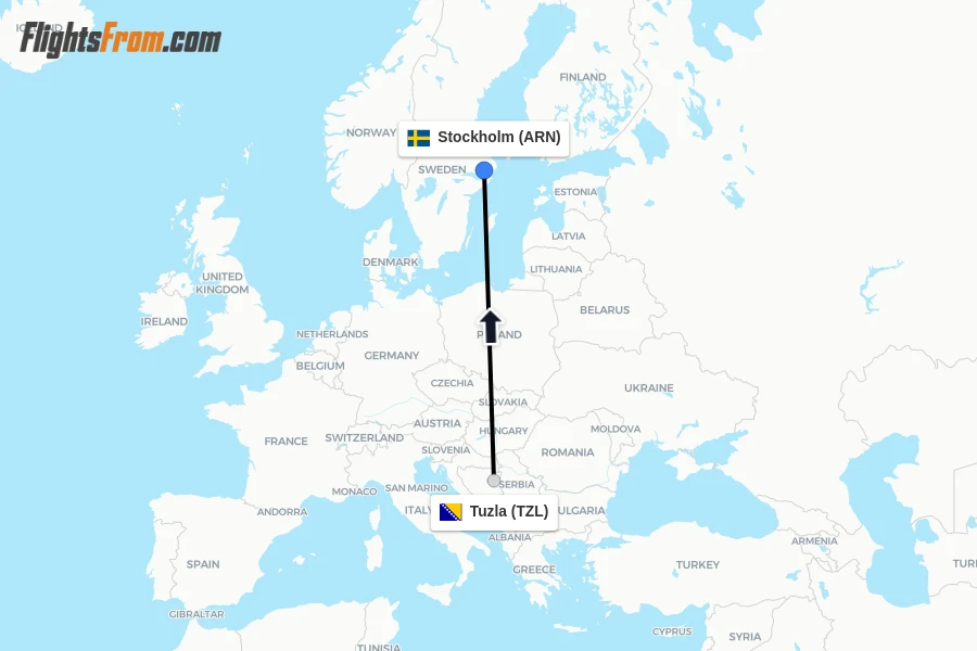 Flights from Tuzla to Stockholm route map