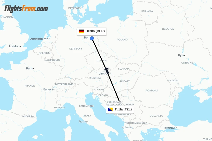 Flights from Tuzla to Berlin route map