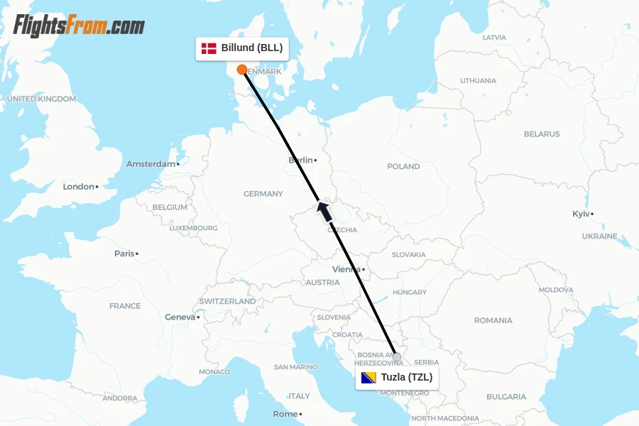 Flights from Tuzla to Billund route map