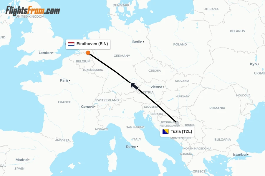 Flights from Tuzla to Eindhoven route map