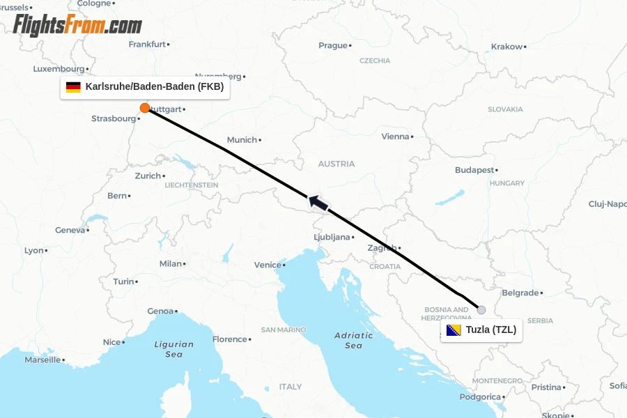 Flights from Tuzla to Karlsruhe/Baden-Baden route map