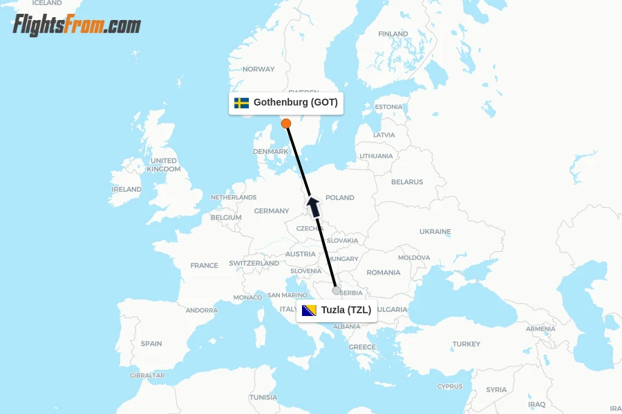 Flights from Tuzla to Gothenburg route map