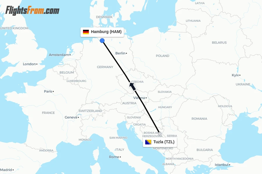 Flights from Tuzla to Hamburg route map