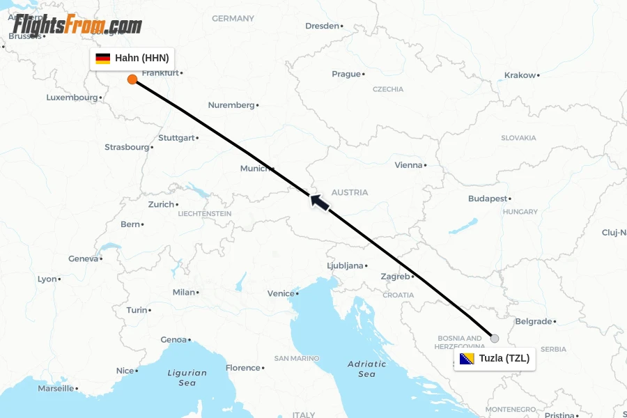 Flights from Tuzla to Hahn route map