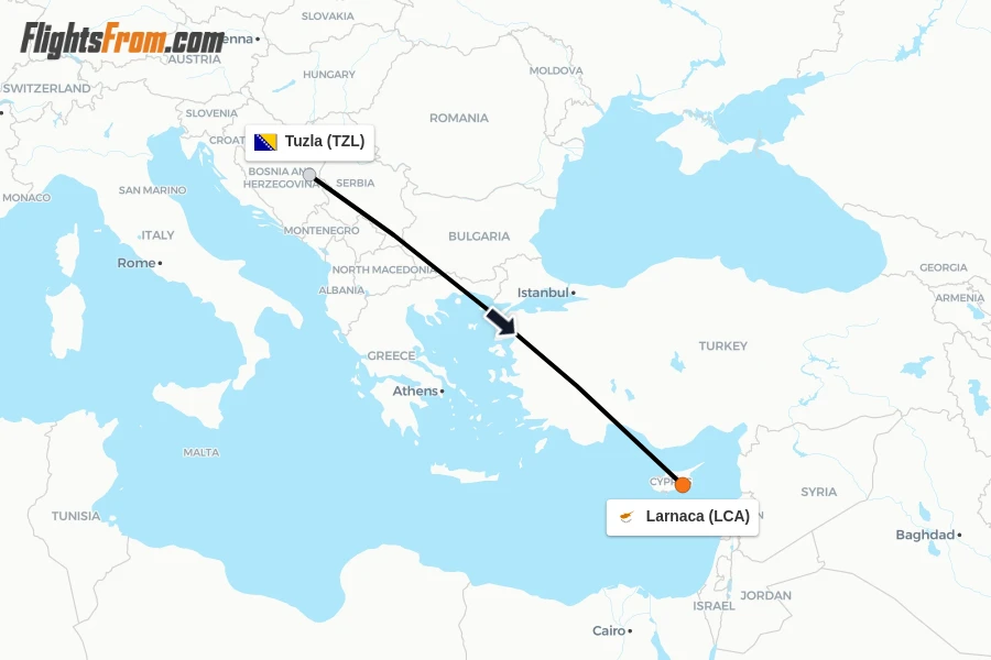 Flights from Tuzla to Larnaca route map