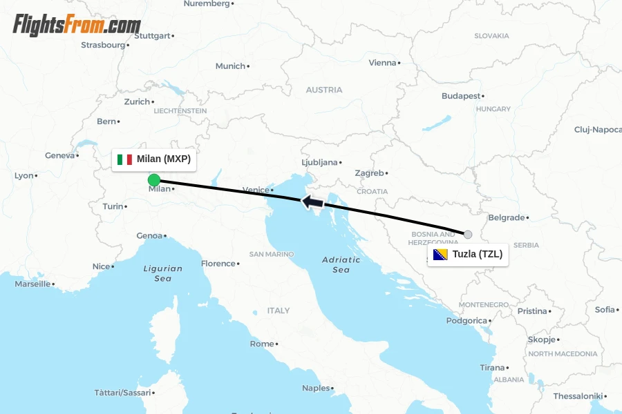 Flights from Tuzla to Milan route map