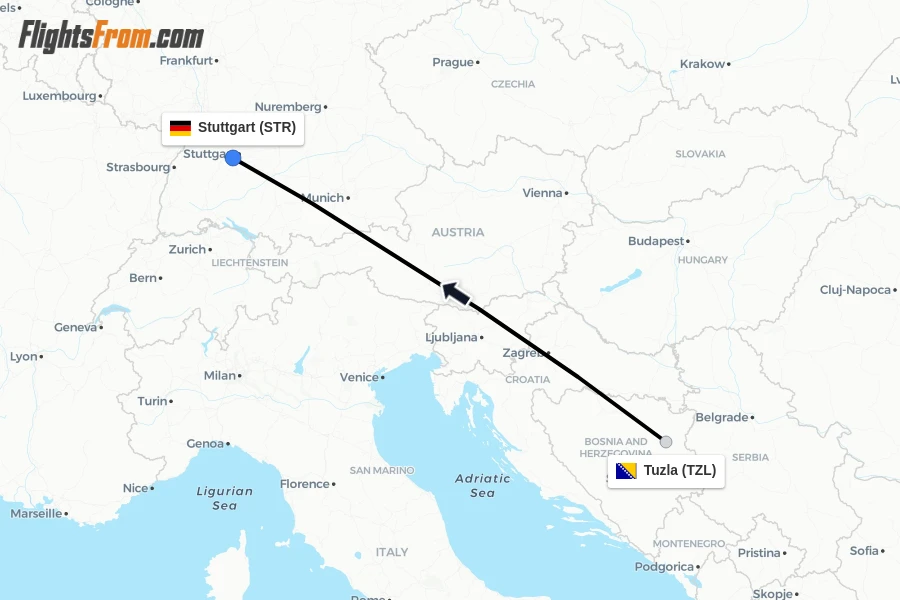 Flights from Tuzla to Stuttgart route map