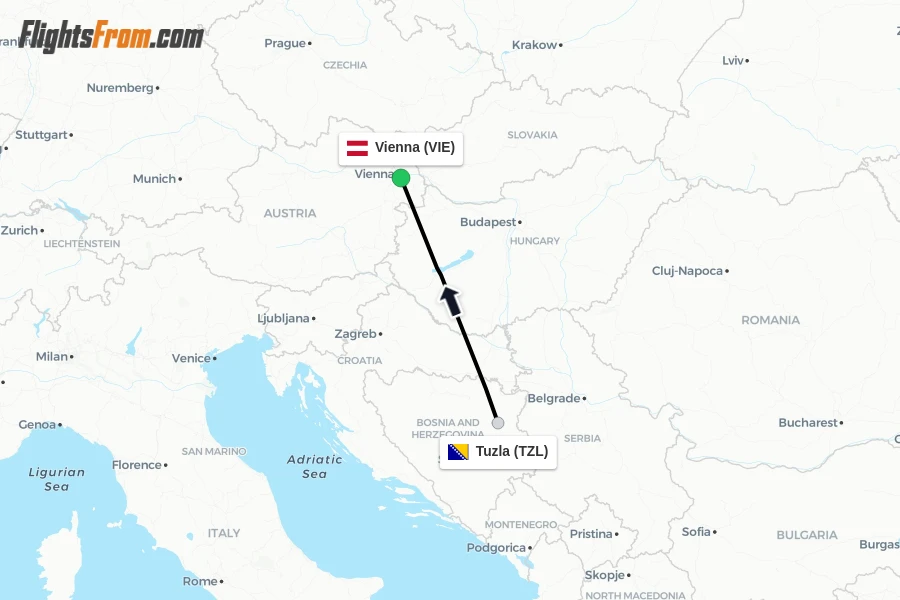 Flights from Tuzla to Vienna route map