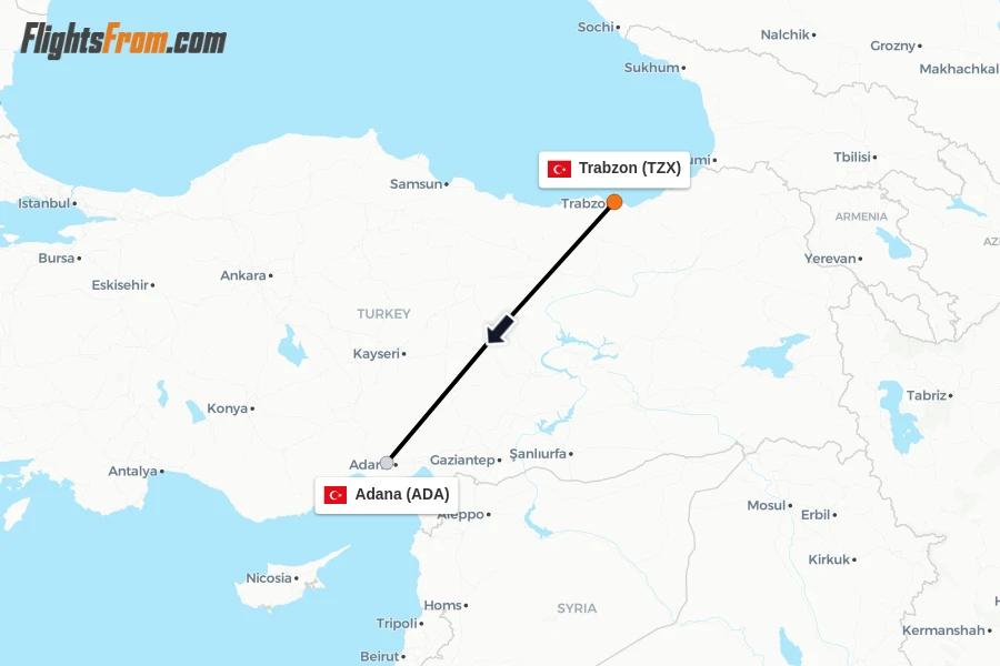 Flights from Trabzon to Adana route map