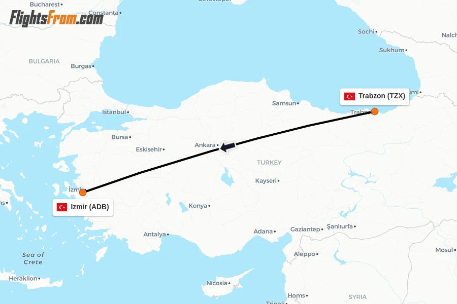 Flights from Trabzon to Izmir route map