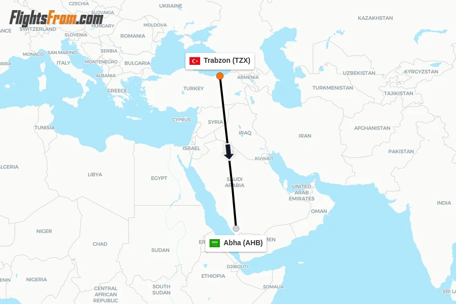 Flights from Trabzon to Abha route map