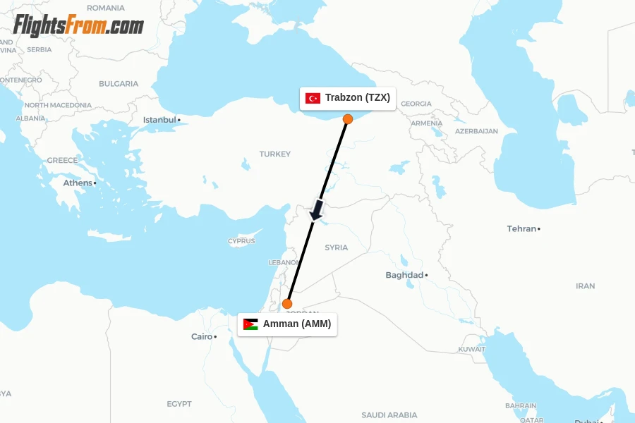 Flights from Trabzon to Amman route map