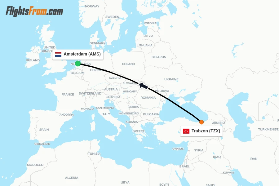 Flights from Trabzon to Amsterdam route map