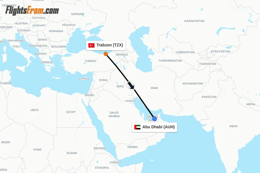 Flights from Trabzon to Abu Dhabi route map