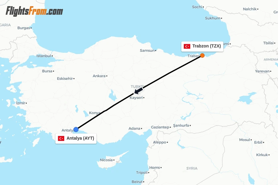 Flights from Trabzon to Antalya route map