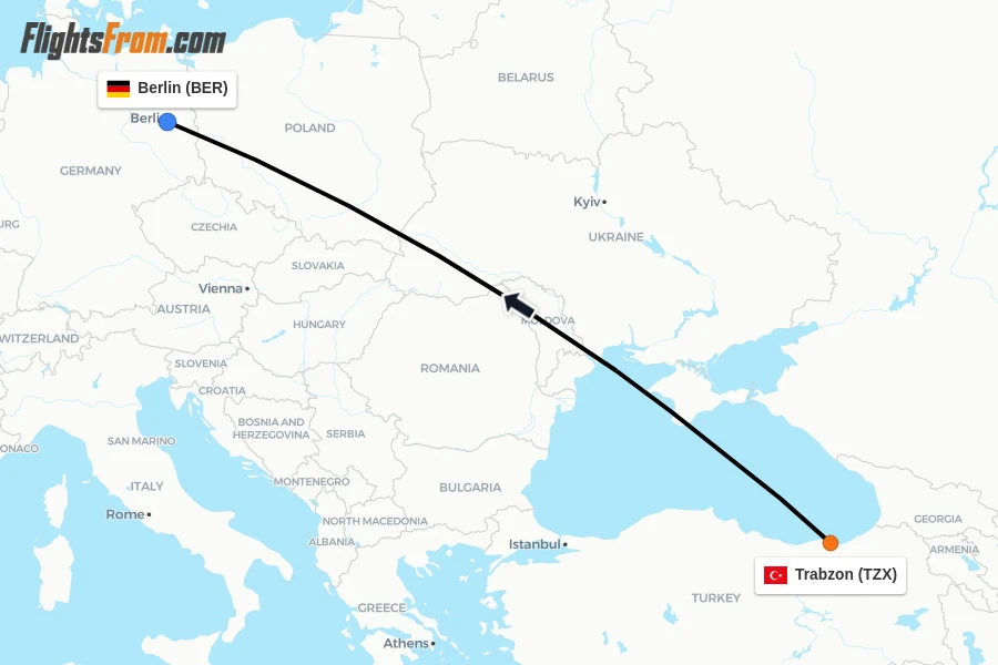 Flights from Trabzon to Berlin route map