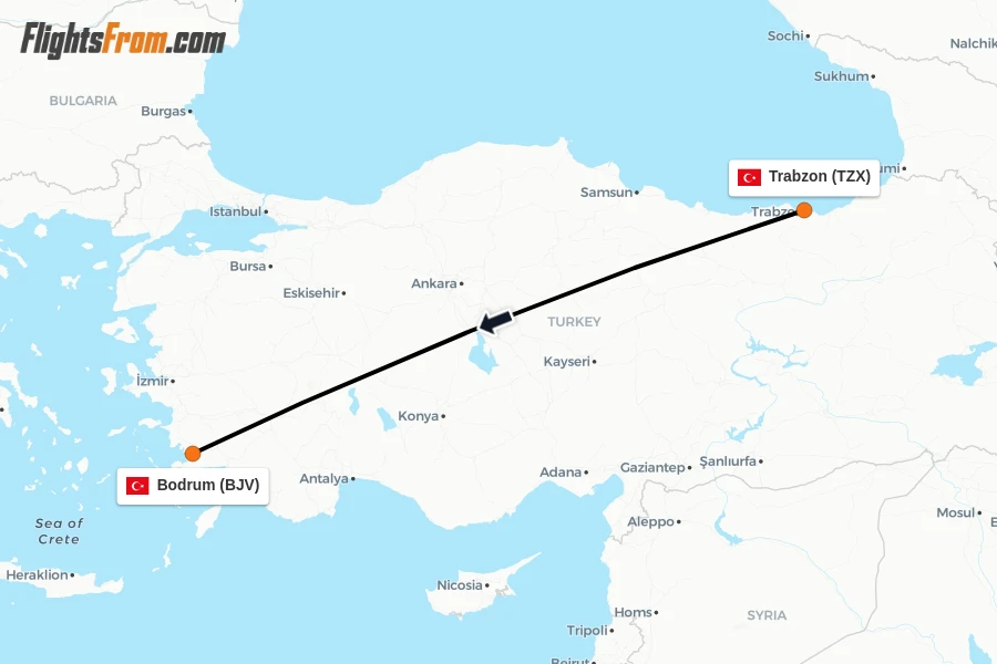 Flights from Trabzon to Bodrum route map