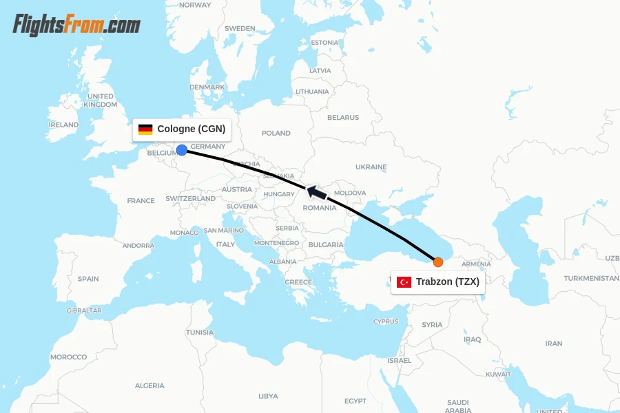 Flights from Trabzon to Cologne route map