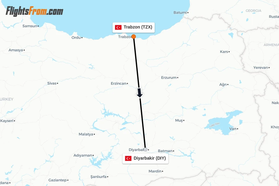 Flights from Trabzon to Diyarbakir route map