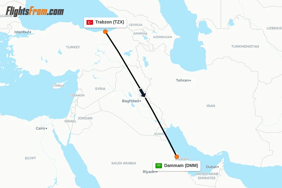 Flights from Trabzon to Dammam route map