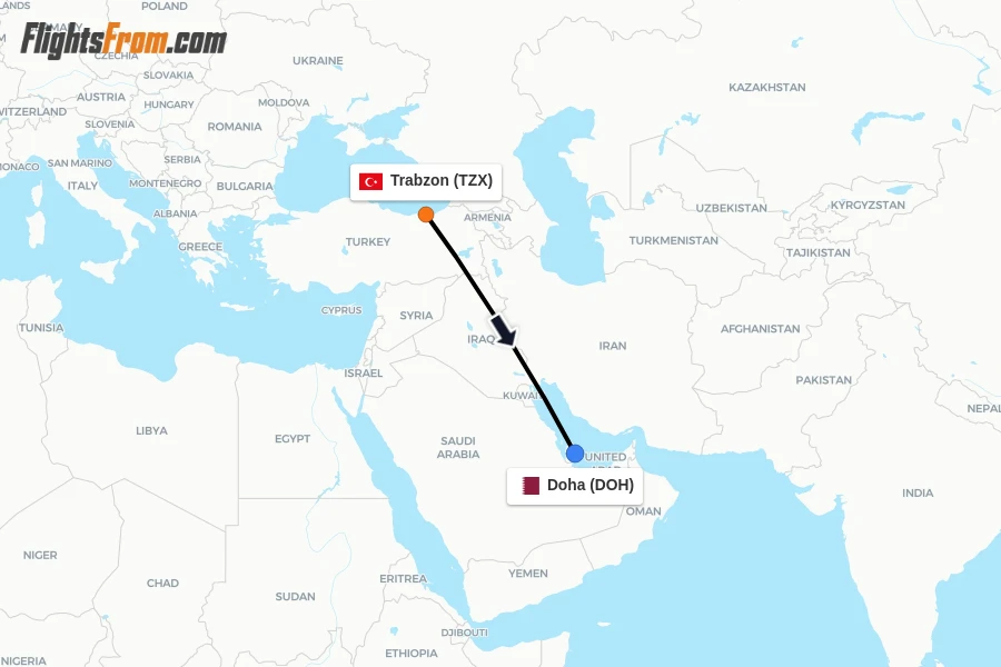 Flights from Trabzon to Doha route map