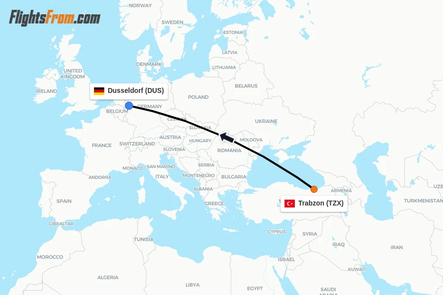 Flights from Trabzon to Dusseldorf route map
