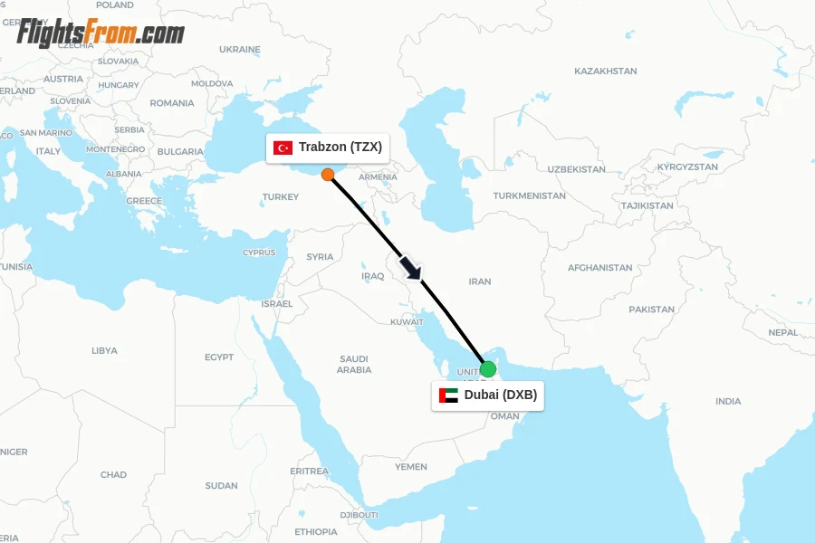 Flights from Trabzon to Dubai route map