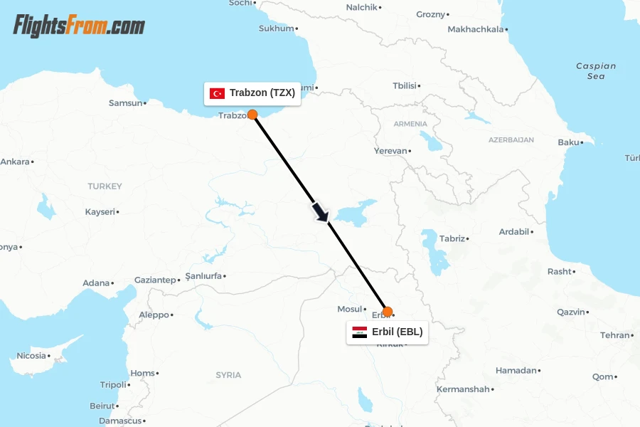 Flights from Trabzon to Erbil route map