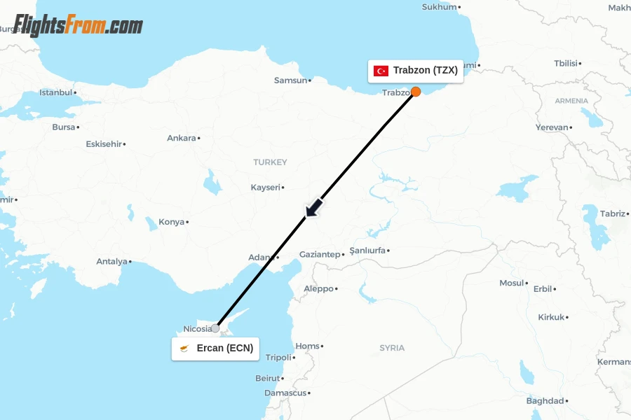 Flights from Trabzon to Ercan route map
