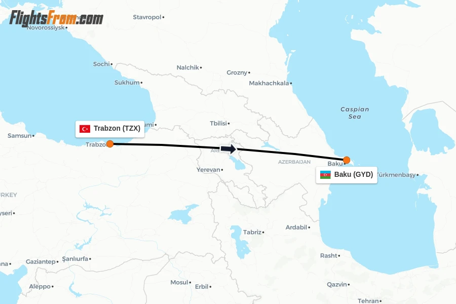 Flights from Trabzon to Baku route map