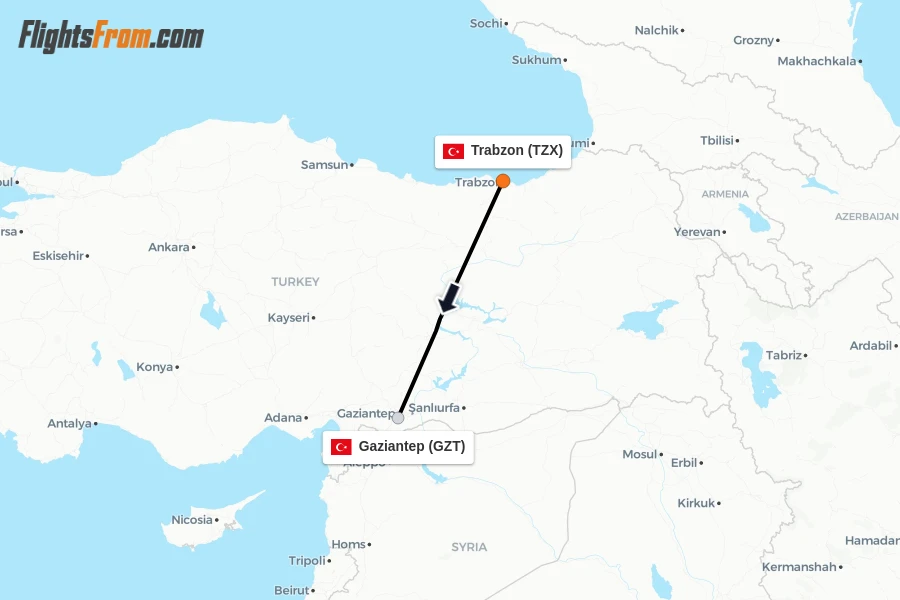 Flights from Trabzon to Gaziantep route map
