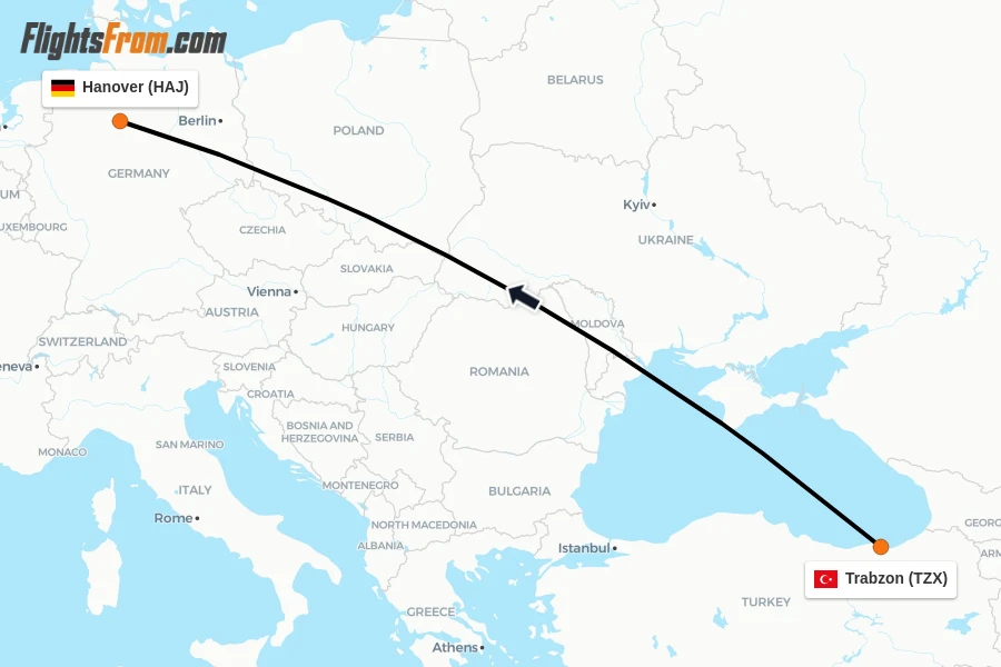Flights from Trabzon to Hanover route map