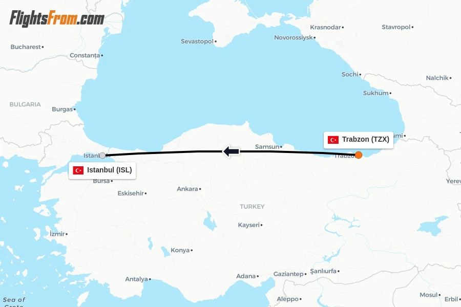 Flights from Trabzon to Istanbul route map