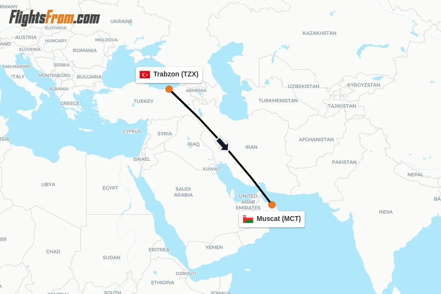 Flights from Trabzon to Muscat route map