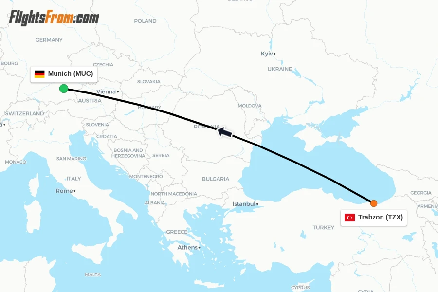 Flights from Trabzon to Munich route map
