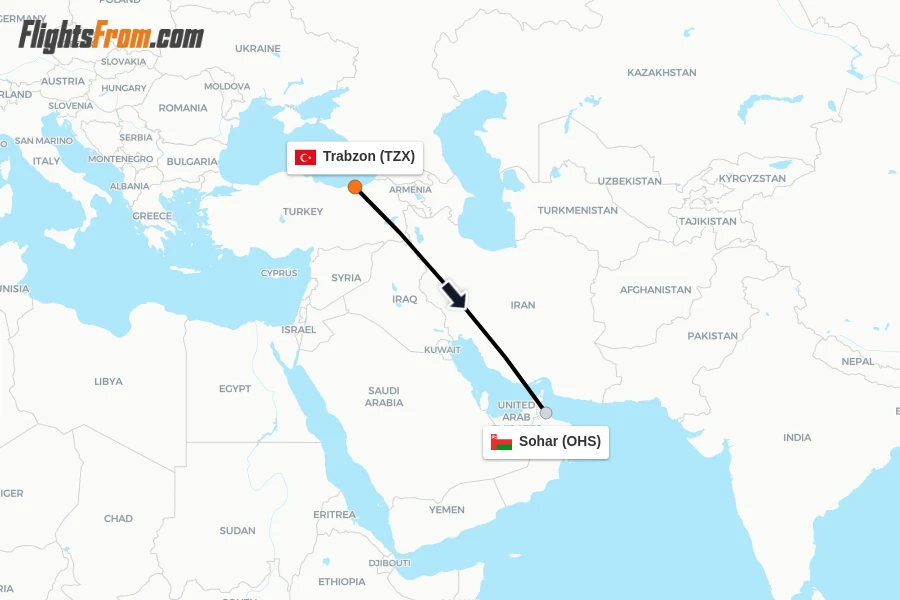 Flights from Trabzon to Sohar route map