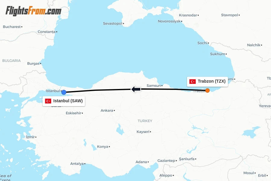 Flights from Trabzon to Istanbul route map