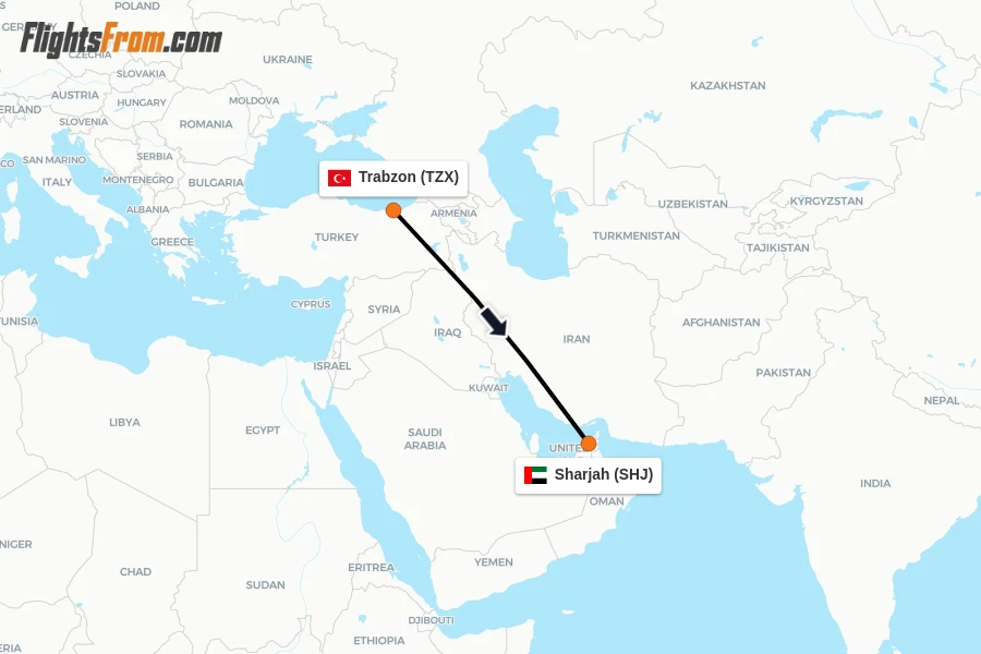 Flights from Trabzon to Sharjah route map