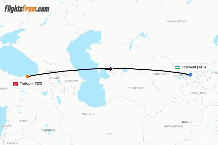 Flights from Trabzon to Tashkent route map