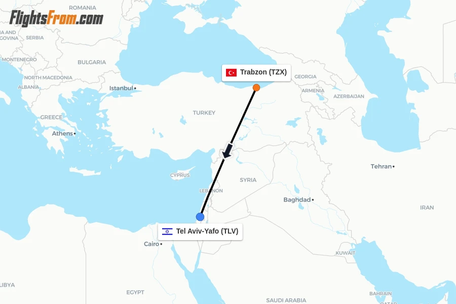 Flights from Trabzon to Tel Aviv-Yafo route map