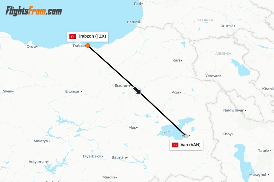 Flights from Trabzon to Van route map