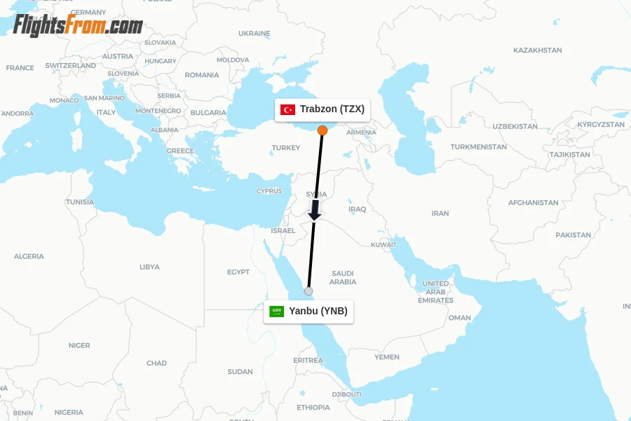 Flights from Trabzon to Yanbu route map